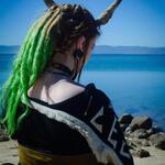 Green Hair Viking Girl in a Beach