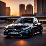 Draw a Mercedes C63s 2023 in Black Color. 4k Quality. The Car Parked in the Middle of the City. Time Sunset. the Car Is Realistic.