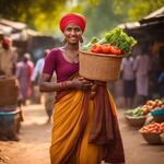 A Village Girl in the Local Market with a Turban on the Head Carrying a Basket of Vegetables