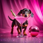 Miniature Dachshund Silver Dapple with Pink Collar Sat in a Martini Glass on a Stage with Glitter Ball Overhead