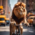 Draw a Lion Riding a Bicycle in New York City and the Lion Is Wearing Glasses. in the Background, Amazed People Look On. the Weather Is Sunny. Very Clear Quality. 4k Quality.