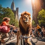 Draw a Lion Riding a Bicycle in New York City and the Lion Is Wearing Glasses. in the Background, Amazed People Look On. the Weather Is Sunny. Very Clear Quality. 4k Quality.