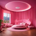 A Berbie Room with Pink Color Background Round Bed 2 Charis Bg Teedy Bear Laptop Table Led Tv Pink Curtains