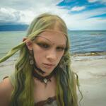 Green Hair Viking Girl in a Beach