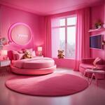 A Berbie Room with Pink Color Background Round Bed 2 Charis Bg Teedy Bear Laptop Table Led Tv Pink Curtains