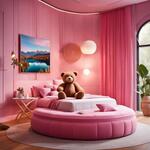 A Berbie Room with Pink Color Background Round Bed 2 Charis Bg Teedy Bear Laptop Table Led Tv Pink Curtains