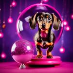 Miniature Dachshund Silver Dapple with Pink Collar Sat in a Martini Glass on a Stage with Glitter Ball Overhead