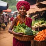 A Village Girl in the Local Market with a Turban on the Head Carrying a Basket of Vegetables