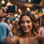 Show a Lady in a Modern Day Market Taking Selfies and the People Are Gathered Around Her