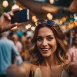 Show a Lady in a Modern Day Market Taking Selfies and the People Are Gathered Around Her