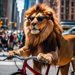 Draw a Lion Riding a Bicycle in New York City and the Lion Is Wearing Glasses. in the Background, Amazed People Look On. the Weather Is Sunny. Very Clear Quality. 4k Quality.