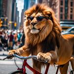 Draw a Lion Riding a Bicycle in New York City and the Lion Is Wearing Glasses. in the Background, Amazed People Look On. the Weather Is Sunny. Very Clear Quality. 4k Quality.