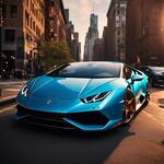Draw a Lamborghini Huracán in Skye Blue Color, the Car Are So Realistic, and Parking in the New York City Street, the Time Is Sunset, the City and the Car Are So Beautiful, the Lamborghini Huracán Is Realistic Like the Life.