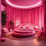 A Berbie Room with Pink Color Background Round Bed 2 Charis Bg Teedy Bear Laptop Table Led Tv Pink Curtains