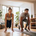 A Young Couple Working Out at Home.