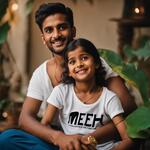 A Boy Name with Meher on His White Tshirt in Black Letters and a Girl Sits Side to Him and Wears a Sari of Colour Black and Having a Pussy in Hand