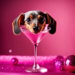 Miniature Dachshund Silver Dapple with Pink Collar Sat in a Martini Glass on a Stage with Glitter Ball Overhead