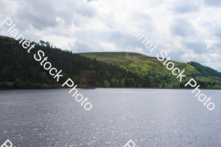 The Derwent dam under a blue sky stock photo with image ID: 75088ace-5605-498f-8e4f-c5e18ae751e5